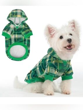 Green Plaid Fleece Dog Hoodie XS Cozy Puppy Sweater NWT 🐶💚🌲